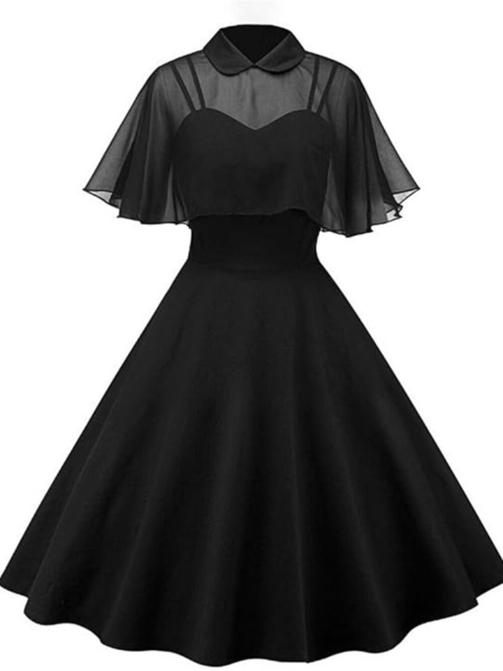 GownTown - Retro Gothic Black Swing Dress – Peter Pan Collar & Chiffon Cape